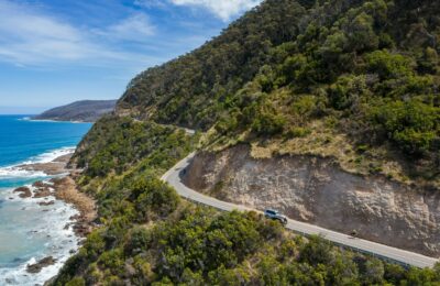 Aerial view of the great ocean road in Victoria Australia, one of the world's most spectacular ocean drives